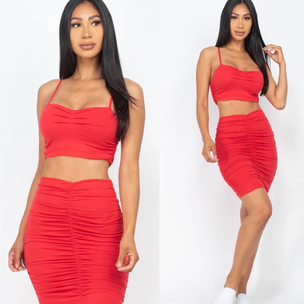 NEW "Smooth Sailing" Sexy Red Ruched Crop Top & Skirt Set